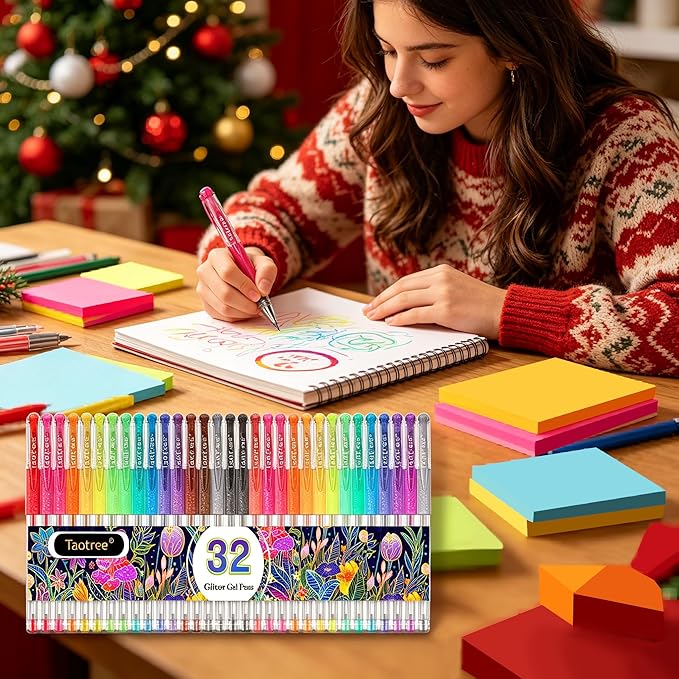 Taotree Glitter Gel Pens, 32 Colors Neon Glitter Pens Fine Tip Art Markers Set 40% More Ink Colored Gel Markers for Adult Coloring Book, Drawing Pens Art Supplies, Scrapbook, Journaling, Sparkle