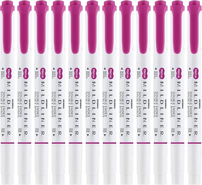 Zebra Pen Mildliner Dual-Tip Highlighters, Broad and Fine Tips, Ideal for Bible Highlighting, No Bleed, School Supplies, Teacher Supplies, and Office Supplies, Mild Fuchsia Ink, 12-Pack (78470upc)