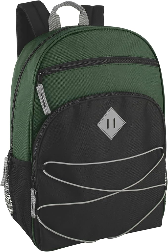 Summit Ridge Boys and Girls School Backpacks with Bungee Cord Front | 17” Multi Pocket Backpack for Kids, Teens, Adults, Travel (Green/Black)