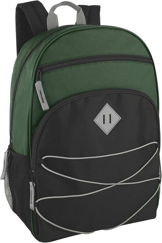 Summit Ridge Boys and Girls School Backpacks with Bungee Cord Front | 17” Multi Pocket Backpack for Kids, Teens, Adults, Travel (Green/Black)