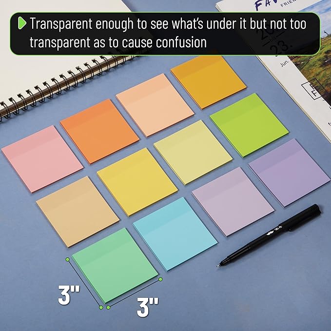 Mr. Pen- Transparent Sticky Notes, 3" x 3", 12 Pads, 600 Sheets, See Through Self-Adhesive Notes for Bible Journaling and Studying, Water-Resistant, Easy to Peel, Clean Removal