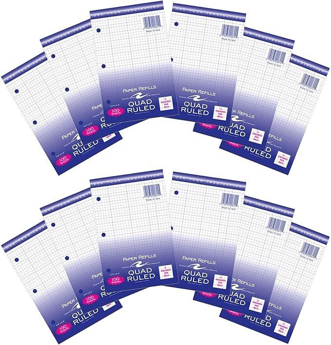 Roaring Spring Loose Leaf Graph Filler Paper, 8.5"x5.5", 12-Pack, 100 Sheets White 15lb, 5x5 Grid Ruled, 3-hole Punched for Mini Binders
