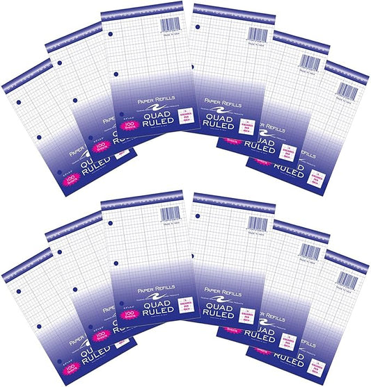 Roaring Spring Loose Leaf Graph Filler Paper, 8.5"x5.5", 12-Pack, 100 Sheets White 15lb, 5x5 Grid Ruled, 3-hole Punched for Mini Binders