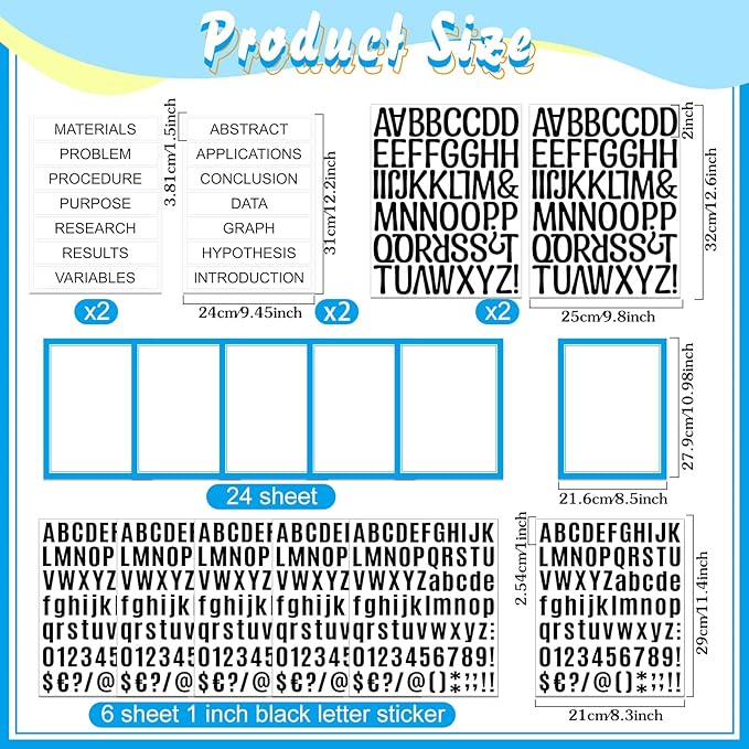 PerKoop 36 Sheets Science Fair Board Poster Boards Supplies 24 Self Adhesive Presentation Subtitles 4 Science Fair Project Titles 8 Personalized Letter Sticker for Classroom(Blue)