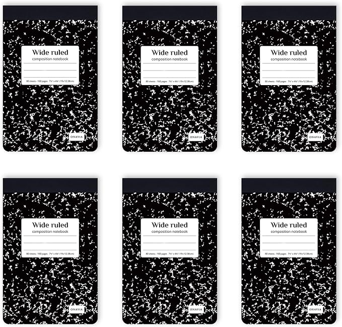 ONAVIA Mini Composition Notebooks, Wide Ruled, 160 Pages, 6 Pack, Black