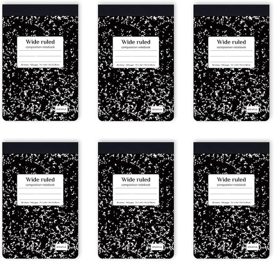 ONAVIA Mini Composition Notebooks, Wide Ruled, 160 Pages, 6 Pack, Black