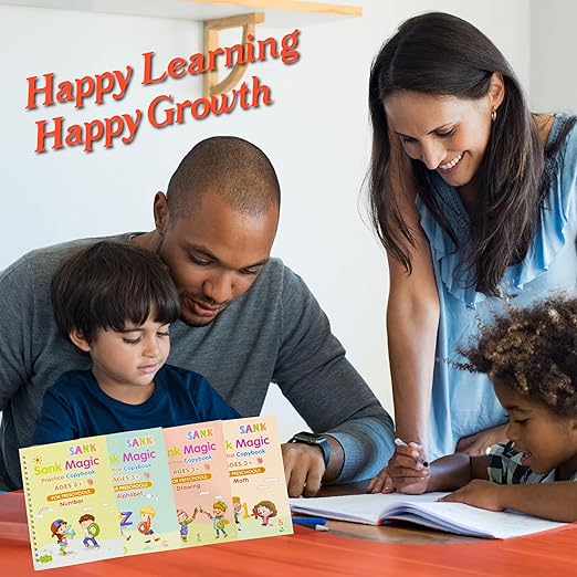 Reusable Magic Practice Copybook for Child Education, Alphabet Number Math Drawing Practice Book (Pack of 4) - Letter Tracing Book for Teaching Handwriting to Kids - with Pens and Handwriting Grip
