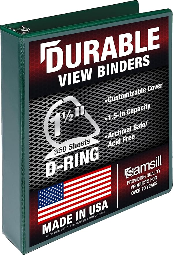 Samsill Durable 1.5 Inch Binder, D Ring Binder, Customizable Clear View Cover, Forest Green, Holds 350 Pages
