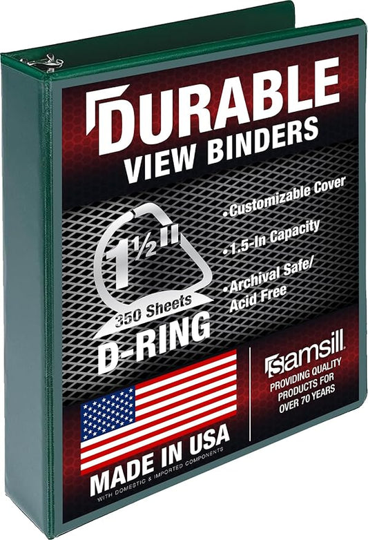 Samsill Durable 1.5 Inch Binder, D Ring Binder, Customizable Clear View Cover, Forest Green, Holds 350 Pages