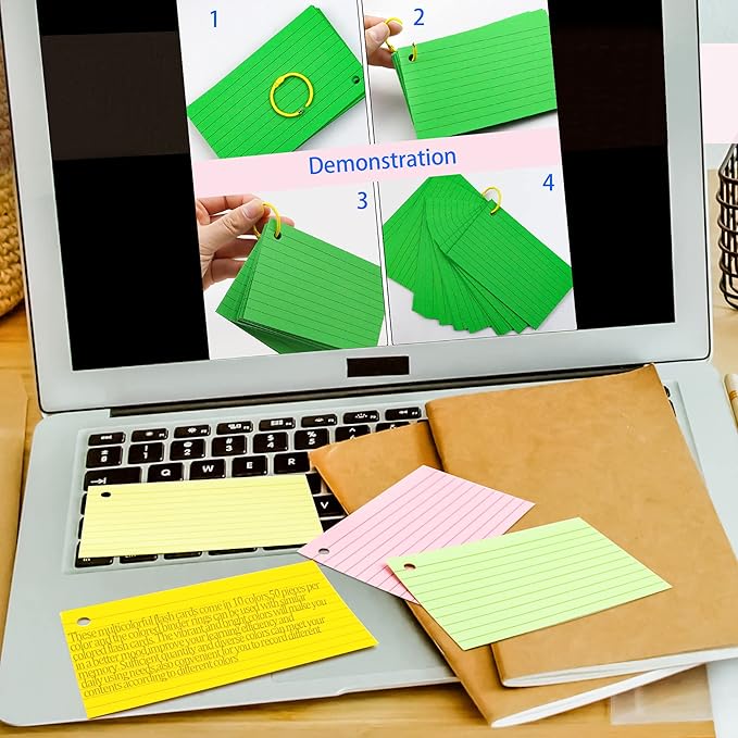 600Pcs Colored Index Cards 3x5 Inch Flash Cards with Rings Lined Note Card Flashcards, Colorful Ruled Card Pad Index Note Books 3 x 5 Notecards for Studying School Supply College Office