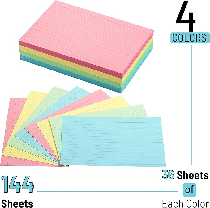 Mr. Pen- Lined Index Cards, 4"x6", 144 Cards, Assorted Colors, Bulk 4x6 Index Cards, Ruled for School, College, Office and Home Organization, Durable Study To Do List Note Cards with Ruled Lines