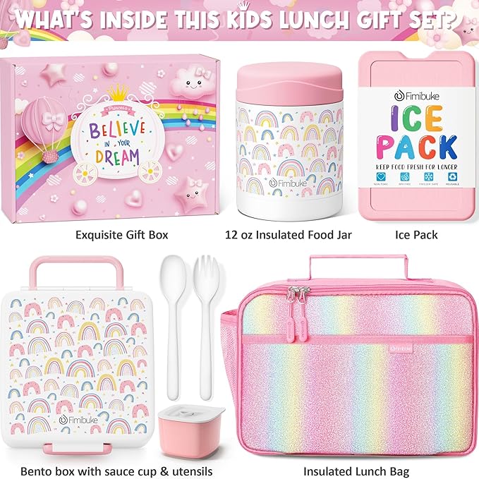 Fimibuke Kids Bento Snack Lunch Box with 4 Compartment, Insulated Lunch Bag, Stainless Steel Vacuum Thermo Food Jar, Ice Pack, Utensils Set, Birthday Gifts for Age 3-12 Back to School Toddler Girl Boy