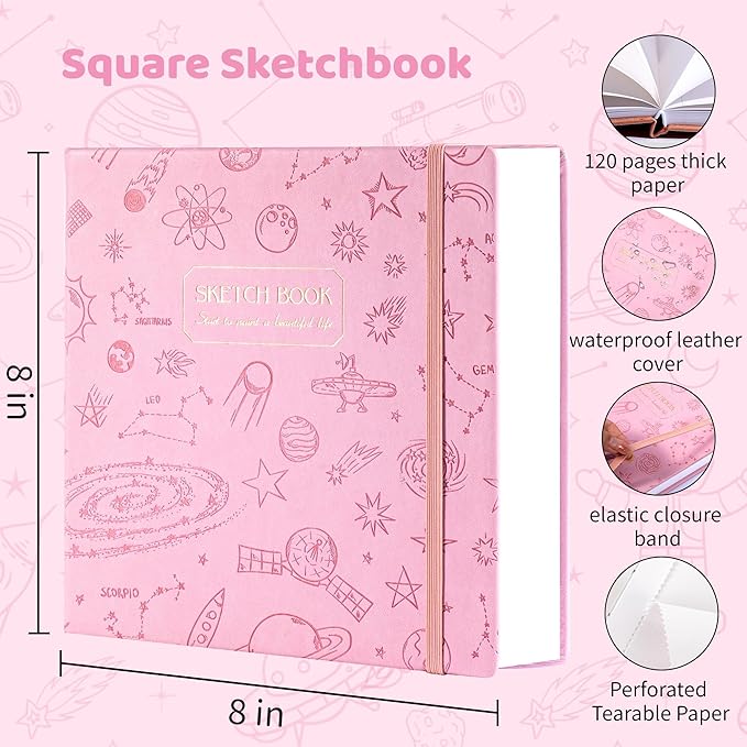 FLYING EAGLE Pink Sketchbook for Kids, 8"X 8" Square Sketch Book & Drawing Pad, 60 Sheets/120 Pages, 120lb/200GSM Heavy Paper, Bleed-Resistant Hardcover Drawing Book for Girls Teens, Gift Boxed