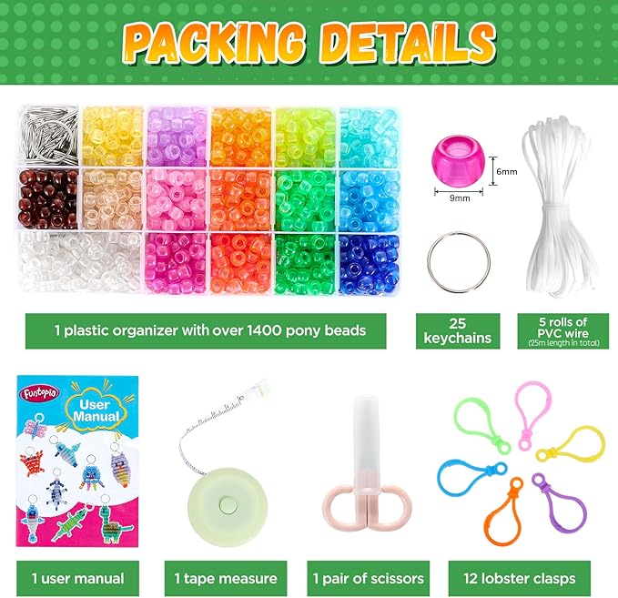 Pony Beads Kit for Keychain Making, Glow in the Dark Bead Pets for Kids Beginners，Includes Instructions for 25 Animal Designs and Storage Box, Kids Craft Kit for Rainy Day Group and Family Activities