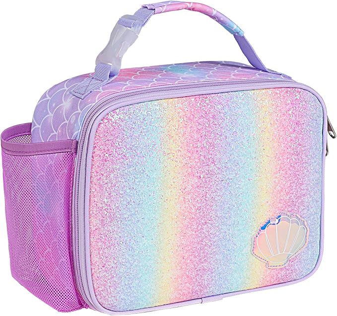 Bagseri Kids Lunch Bag Girls - Thermal Insulated Lunch Box Tote with Water Bottle Holder, Reusable Leak-Proof Kids Lunch Box for Daycare & School, Glitter Purple Mermaid (Containers Not Included)