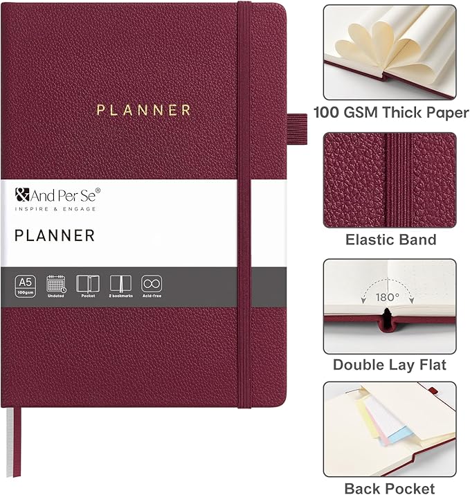 And Per Se Undated Planner, Weekly & Monthly Planner with Goal & Habit Tracker, A5 Leather Hardcover Productivity Journal for Academic Year (Dark Red)