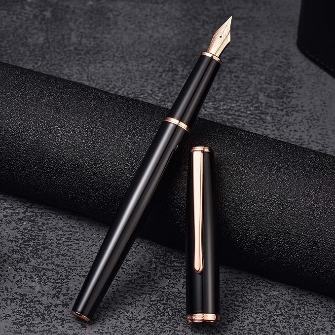 Hongdian 920 Black Metal Fountain Pen, Rose Gold Plated Medium Nib Smooth Writing Pen, Classic Pen with Ink Converter