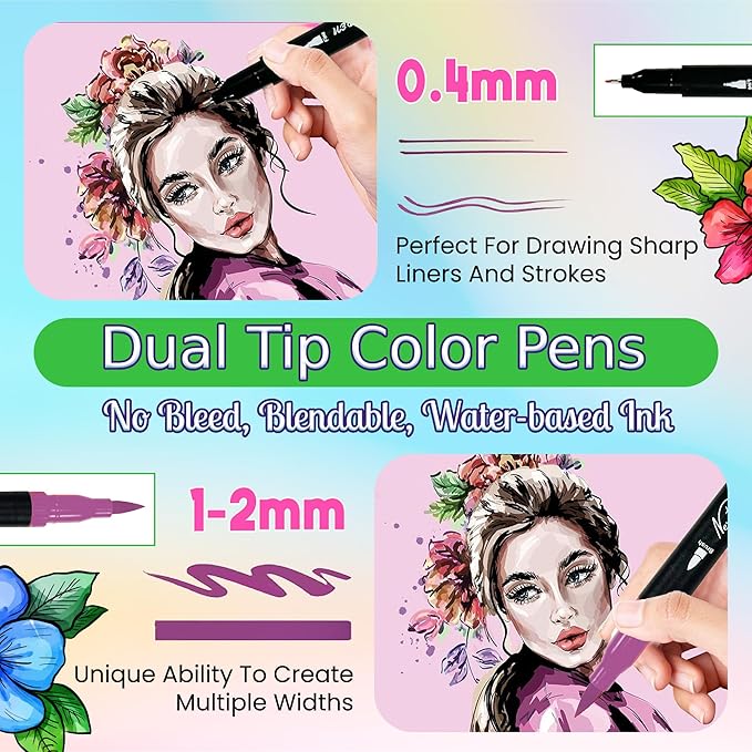 Dual Tip Brush Art Marker Pens, 80 Unique Color, Water-Based Ink, Fineliner & Brush Tip Pens for Arts Lover Adults, Coloring Drawing Book, Calligraphy Writing, Sketching and Doodling