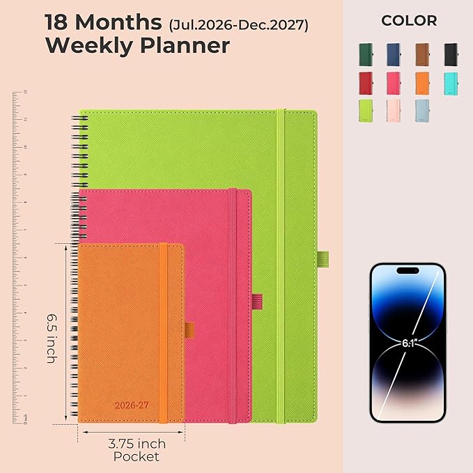Planner 2026-2027 Daily Weekly and Monthly,6.5"x3.75",18 Months Spiral Bound Calendar Agenda with Self-adhesive Pen Holder,2026 Academic Plan with Vegan Leather Soft Cover,Orange
