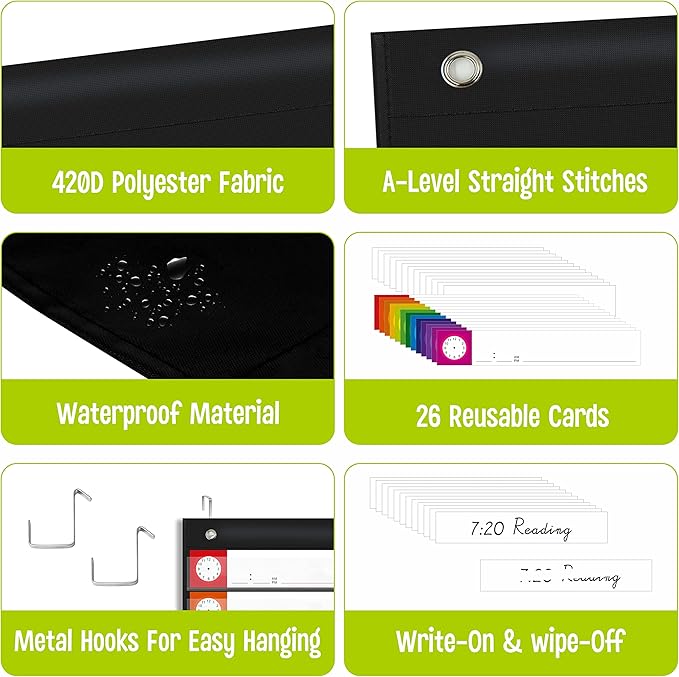 Daily Schedule Pocket Chart, Classroom Charts with 13+1 Pockets, 13 Double-Sided Reusable Colored Cards, 13 Blank Ones and 2 Over-Door Mounting Hangers Include (Black, 13” x 36”)