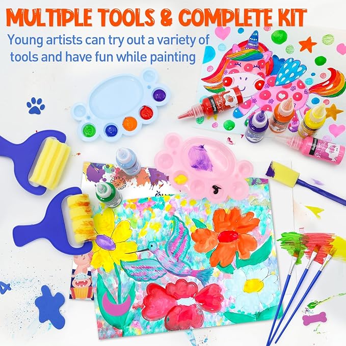 88 PCS Washable Finger Paint Set for Toddlers , 14 Colors Kids Paint Kit with Finger Paint Paper, Brushes, Rolling Tools, Cute EVA Templates, Waterproof Aprons & Palette — Non-Toxic Toddler Painting Set