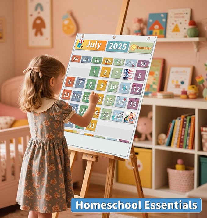 Yoink 48 Pockets Classroom Calendar Pocket Chart for Kids Learning - Monthly Calendar with Durable Fabric, Homeschool and Teacher Supplies, Preschool Kindergarten Wall Decor, Only Chart (White)