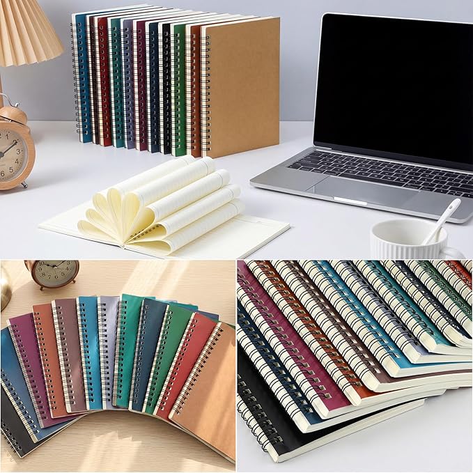 Leelosp 12 Pcs Small Spiral Notebook Lined Spiral Journal College Ruled Notebook Wire Bound Kraft Cover, 120 Pages for Work (Dark Color,5 x 7 Inch)