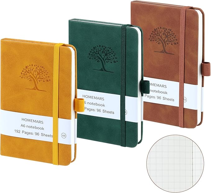HOMEMARS Small Notebook, Pocket Notebook, 3 Pack, Notebook A6, Squared,3.7" x 5.7"Leather, Brown, Green, Yellow,192 Pages Each, Hardcover, Mini Journal Notepad, Embossing Tree Design
