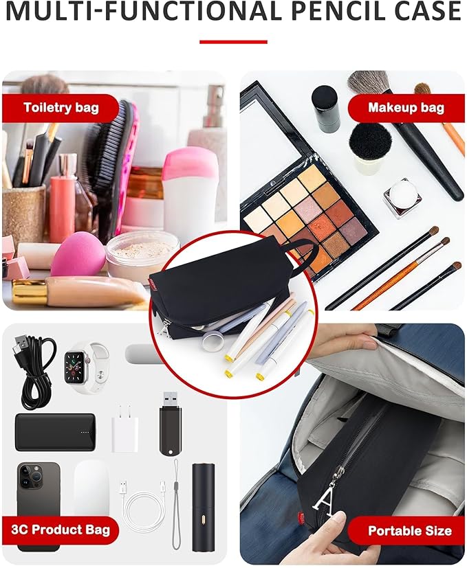 Fmeida Pencil Case Pouch Black - Initial A Zipper Pencil Pouch Portable Pencil Bag Simple Office Stationery Pouch with Handle - Personalized Gift