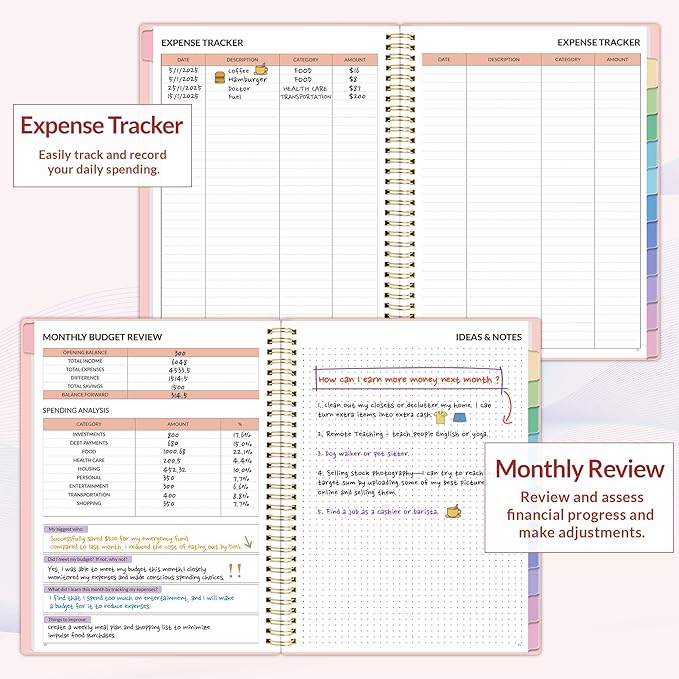 SUNEE Budget Planner - Monthly Budget Book with Expense Tracker Notebook, A4(8.5" x 11") Undated 12 Month Bill Organizer & Finance Planner to Manage Your Money, Account Book with Colorful Tab, Pink