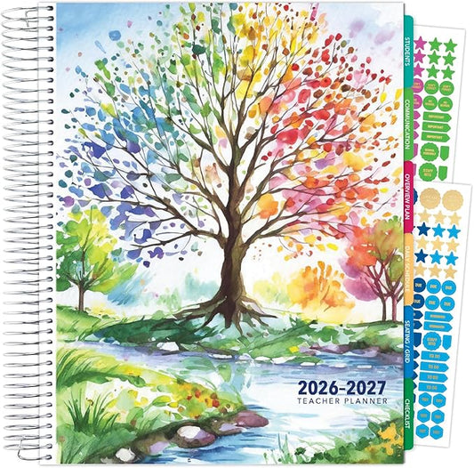 DELUXE TEACHER PLANNER Aug 2026-Jul 2027 8.5x11 Daily Weekly Monthly Organizers with 7 Periods, Pocket Folder, Dated Calendar, Page Tabs, Bookmark and Planning Stickers (Tree Seasons)