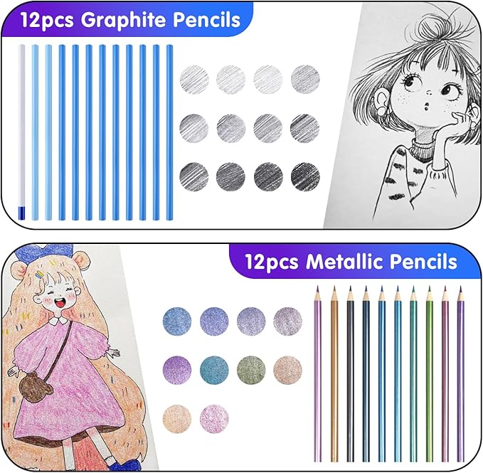 Mifuner Professional Drawing Set, 10 Colored Pencils & 12 Graphite Pencils with Eraser & Case, Art Supplies for Sketching Shading Blending, Gifts for Artists Adults Beginners.Metallic Black