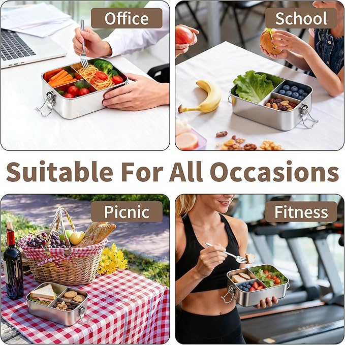 TeamFar 2 Pack Stainless Steel Bento Box, 47oz Metal Lunch Box with 3 Compartments for Adults/Kids, Lunch Food Containers for School/Work/Meal Prep, Leak-Proof & Dishwasher Safe, 1400ML