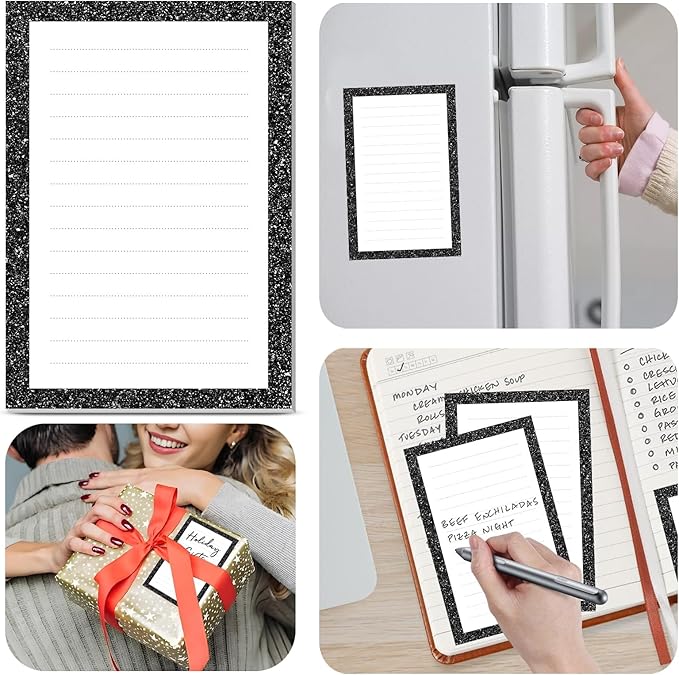 2 Pack Lined Sticky Notes 4x6 in, Cute Self-Stick Notepads with Lines, Large Memo Pads Strong Adhesive for Office, Home Glitter Black