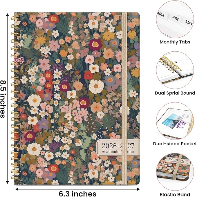 Planner 2026-2027, Monthly and Weekly Academic Planner July 2026 - June 2027, Hardcover Student Teacher Planning Agenda Calendar Book with Tabs, Perfect for Office School Supplies, A5 (6.3" x 8.5") - Garden