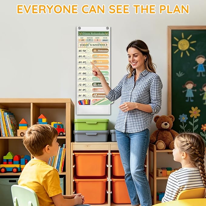AKAYOK Daily Schedule Pocket Chart, 13+1 Pocket Visual Schedule for Kids, Includes 24 Reusable Dry-Erase Cards, Daily Planner with Hourly Schedule for Classroom, Office, Home, School Activities