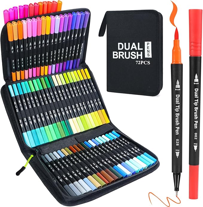 Piochoo Art Markers Pens Dual Tip Coloring Markers Set with Brush & Fine Nib for Adult Coloring Book Cut Gifts Professional Calligraphy & Drawing Art Supplies for Note Taking Journal (72 Colors)