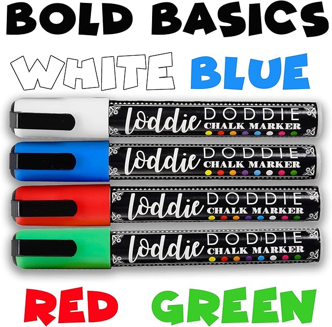 Loddie Doddie Liquid Chalk Markers - Pack of 4, Basic Colors, 6mm Tip - Washable Window Markers - Erasable Pens for Chalkboard Calendar - Fine Tip Chalk Pens for Precision Details