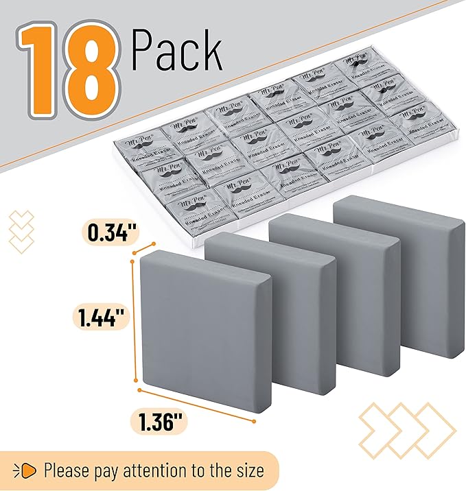 Mr. Pen- Kneaded Erasers, 1.44" x 1.36", 18 Pack, Gray, Soft Moldable Art Erasers for Charcoal, Graphite & Pastel Drawing, Precision Highlighting, Smudge Control, Easy Shaping for Artists & Students