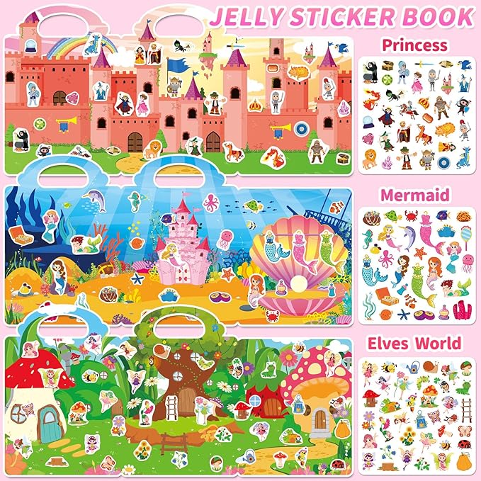 6 Sets Reusable Sticker Book for Girls 3-6, Jelly Sticker Books for Toddler, Travel Sticker Activity Toys for Kids 3 4 5 6 Years Old Girls (Girl Theme)