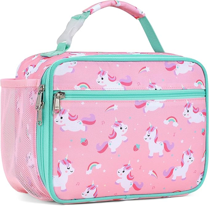 Bagseri Kids Lunch Bag Girls - Thermal Insulated Lunch Box Tote with Water Bottle Holder, Reusable Leak-Proof Kids Lunch Box for Daycare & School, Pink Cute Unicorn (Containers Not Included)
