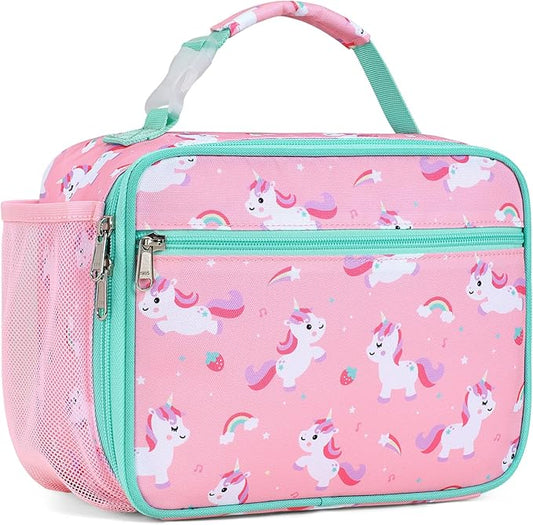 Bagseri Kids Lunch Bag Girls - Thermal Insulated Lunch Box Tote with Water Bottle Holder, Reusable Leak-Proof Kids Lunch Box for Daycare & School, Pink Cute Unicorn (Containers Not Included)