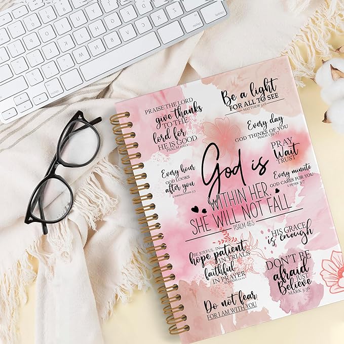 QLMX Pink God Is Within Her She Will Not Fall Spiral Notebook, Christian Gifts for Women A4 Journal Notebook, Bible Notebooks for School Work, Inspirational Religious Office Supplies Gifts, 8.3x11.7In