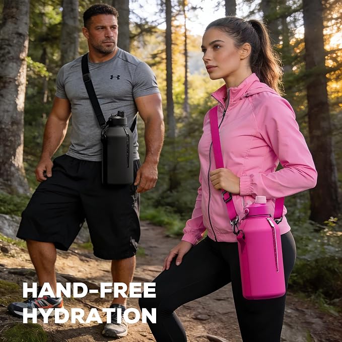 POWCAN 64 oz Insulated Water Bottle for Sports: 2-in-1 Straw & Spout Lid, Leakproof, Carrier Bag, Shoulder Strap, Keep Cold 48H, BPA-Free, Half Gallon Metal Water Jug for Gym, Travel, Gift (Midnight)