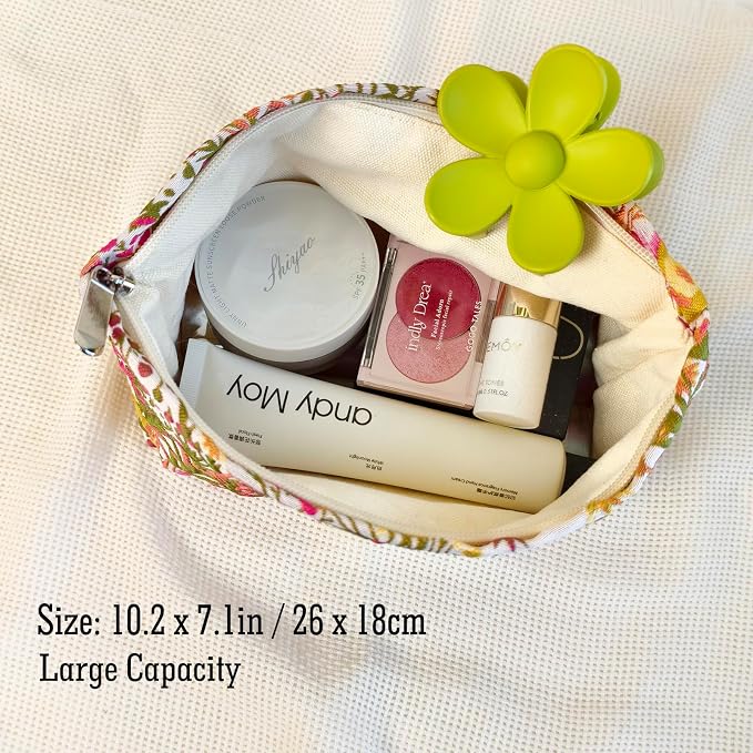 STARDW Cute Floral Makeup Bag Organizer Travel Cosmetic Pouch for Women | Aesthetic Cosmetic Bag with Zipper, Large Capacity Travel Toiletry Bag, Purse Organizer Pouches, Canvas Lining