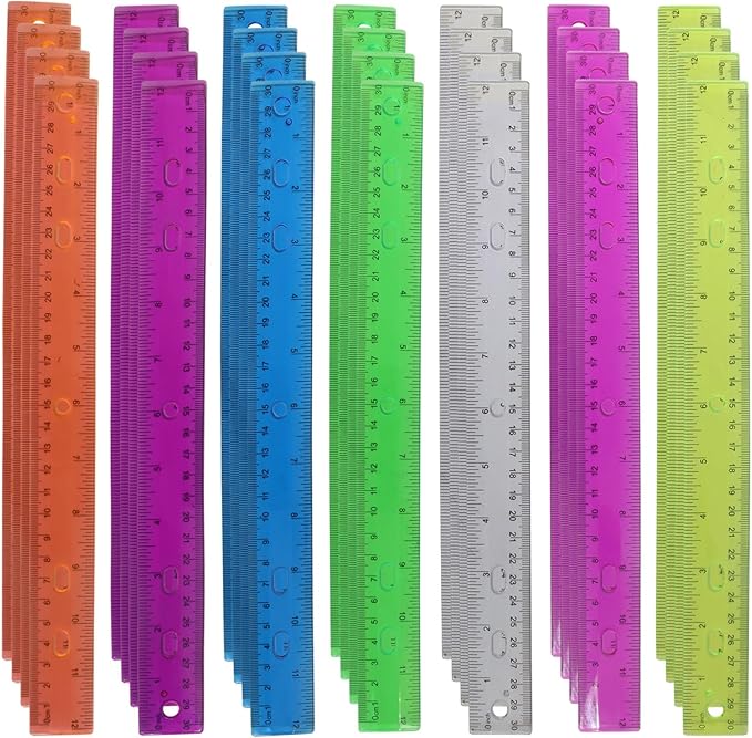 28 Pack Plastic 12 Inch Transparent School Rulers Kids for School, Assorted Color Ruler with Centimeters for Office & Home Supplies