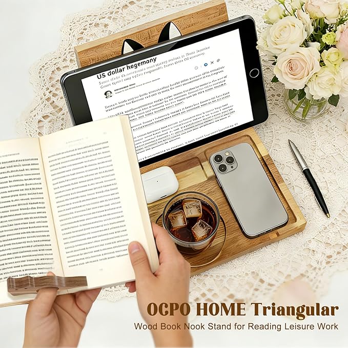 Wooden Foldable Book Holder Stand for Reading Rest,Acacia Triangle Book Holer with Cup,Glasses,Pen,Watch & Phone Stand,Book Rest,Book Nook Reading Valet for Readers and Bookworms Gifts