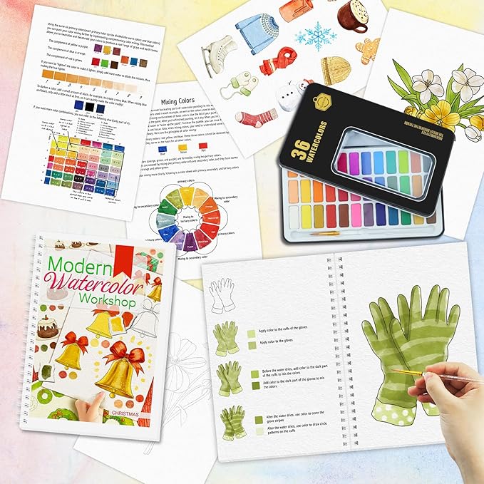 5Pcs Watercolor Workbook, Beginner-Friendly Water Coloring Book for Beginners with 36 Colors Paint, Watercolor Paper, Beginner Watercolor Painting Kit with Step by Step for Adults, Water Color Books