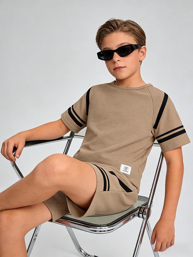Cakaner Tween Boys Clothes Summer Simple Print T-Shirt And Shorts Set 2 Pieces Teen Trendy Outfits Size 7-14 Year