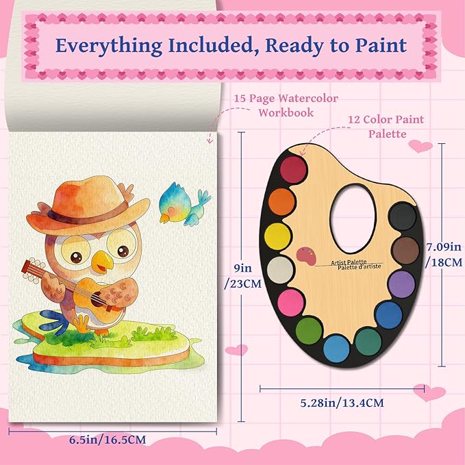 Elfew Paint with Water Coloring Books for Kids 3-8, No Bleed Watercolor Painting Book for Toddlers, 12 Colors Paint Set, 15 Animal Designs, 200GSM Thick Paper, Travel Art Kit for Kids 4-6